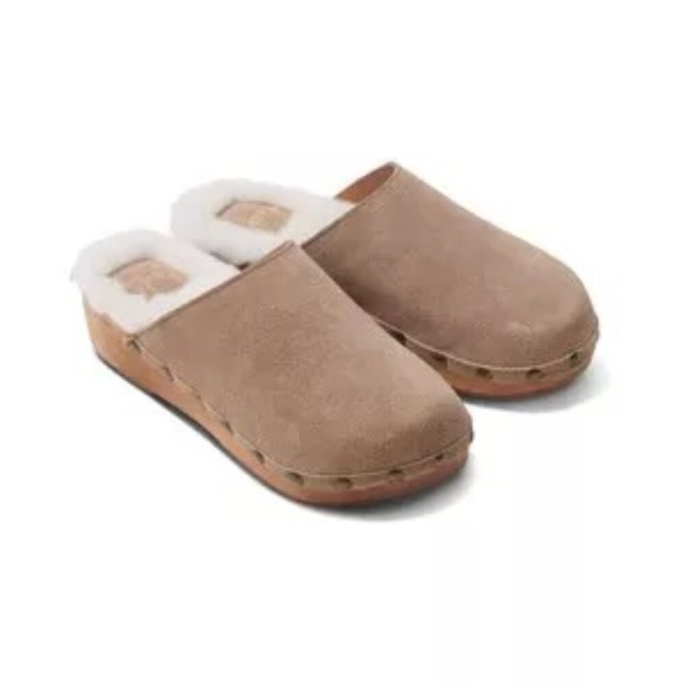 Beek Mallard Shearling, Stone Suede Clogs with Studs, size 7